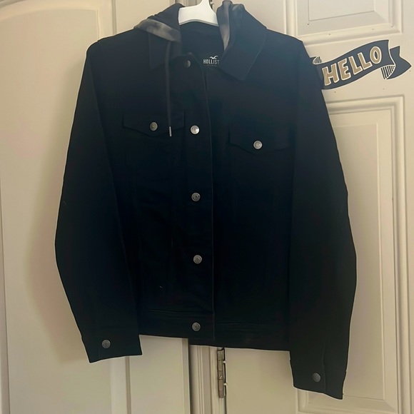 NWT mens black stretch black distressed jean jacket with hood size small - Picture 1 of 5